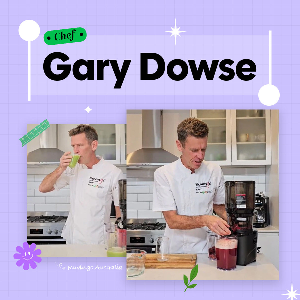 Chef Gary Dowse preparing a drink in a kitchen with a purple border and text overlay.