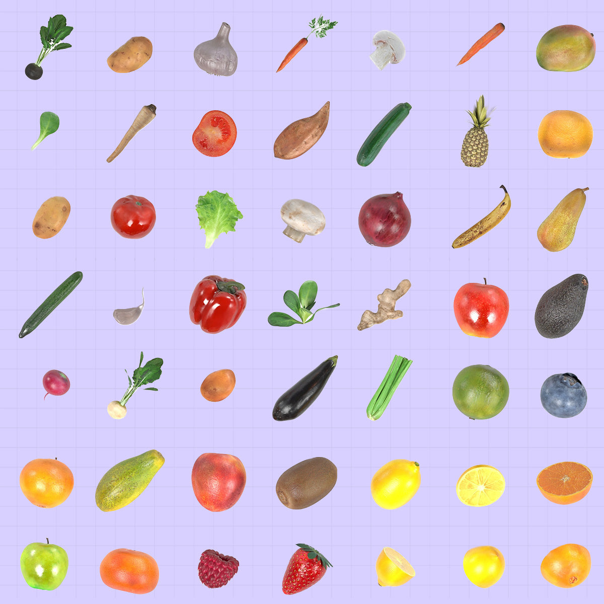 Pattern of various fruits and vegetables on a purple background